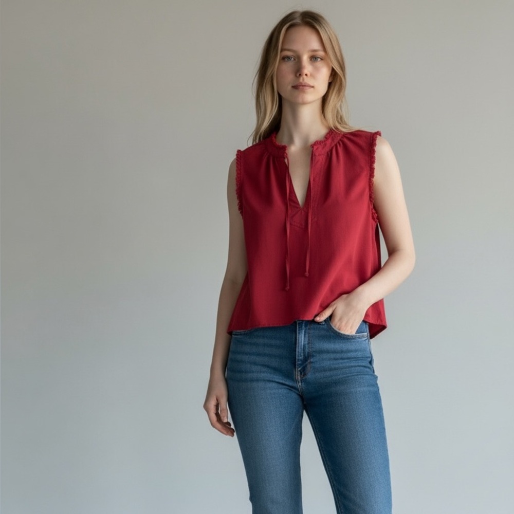 NWT Day Moon Size S Elegant Red Sleeveless Blouse with Ruffled Tie Front